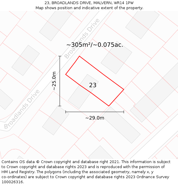 23, BROADLANDS DRIVE, MALVERN, WR14 1PW: Plot and title map