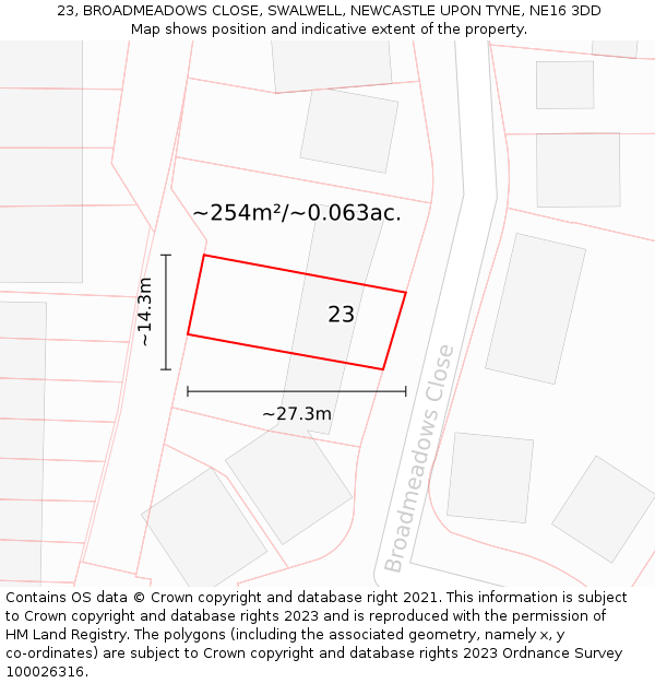 23, BROADMEADOWS CLOSE, SWALWELL, NEWCASTLE UPON TYNE, NE16 3DD: Plot and title map