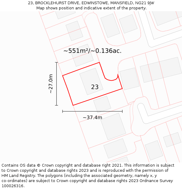 23, BROCKLEHURST DRIVE, EDWINSTOWE, MANSFIELD, NG21 9JW: Plot and title map