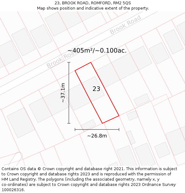 23, BROOK ROAD, ROMFORD, RM2 5QS: Plot and title map