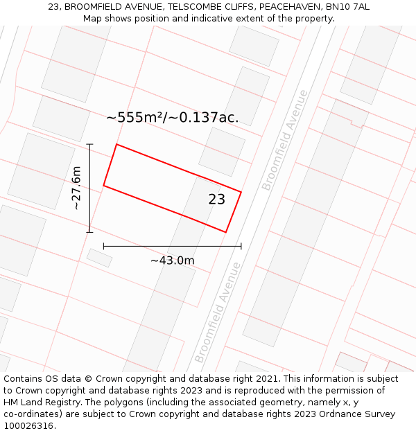 23, BROOMFIELD AVENUE, TELSCOMBE CLIFFS, PEACEHAVEN, BN10 7AL: Plot and title map