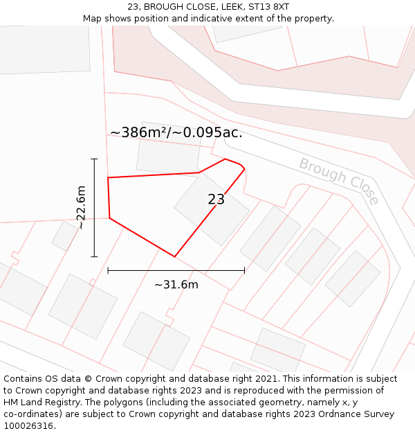 23, BROUGH CLOSE, LEEK, ST13 8XT: Plot and title map