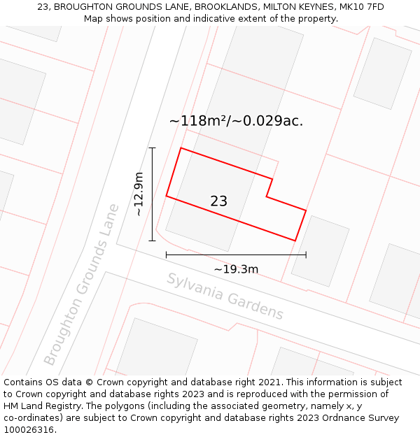 23, BROUGHTON GROUNDS LANE, BROOKLANDS, MILTON KEYNES, MK10 7FD: Plot and title map