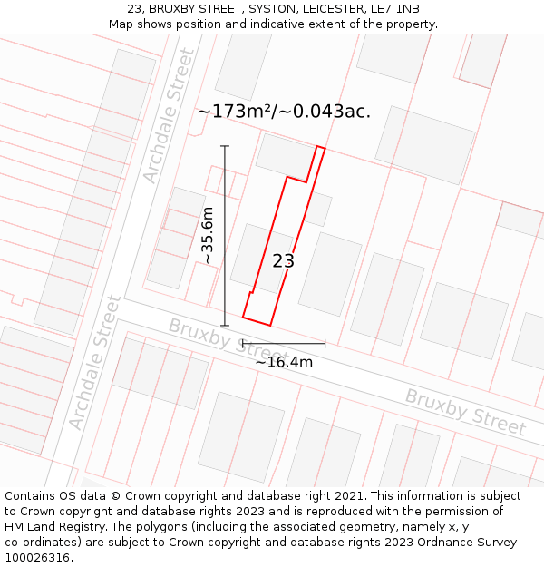 23, BRUXBY STREET, SYSTON, LEICESTER, LE7 1NB: Plot and title map