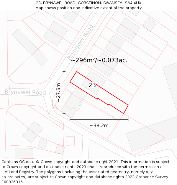 23, BRYNAWEL ROAD, GORSEINON, SWANSEA, SA4 4UX: Plot and title map