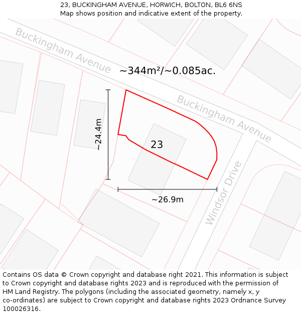 23, BUCKINGHAM AVENUE, HORWICH, BOLTON, BL6 6NS: Plot and title map