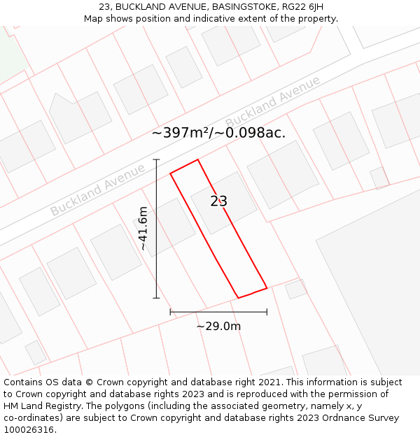 23, BUCKLAND AVENUE, BASINGSTOKE, RG22 6JH: Plot and title map