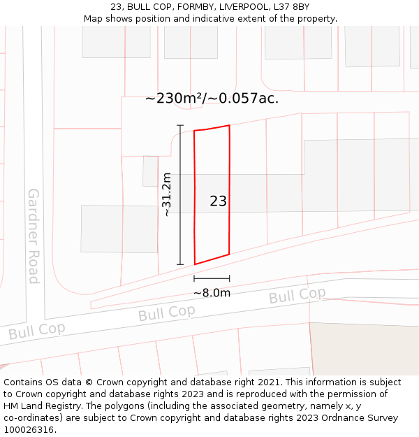 23, BULL COP, FORMBY, LIVERPOOL, L37 8BY: Plot and title map