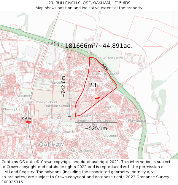 23, BULLFINCH CLOSE, OAKHAM, LE15 6BS: Plot and title map