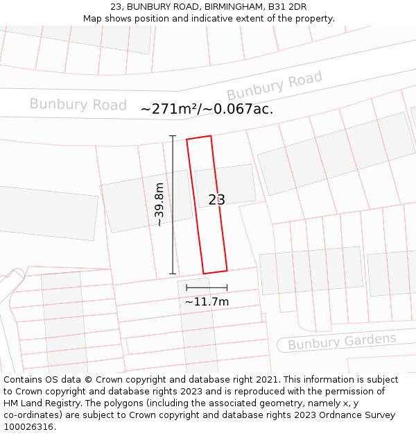 23, BUNBURY ROAD, BIRMINGHAM, B31 2DR: Plot and title map