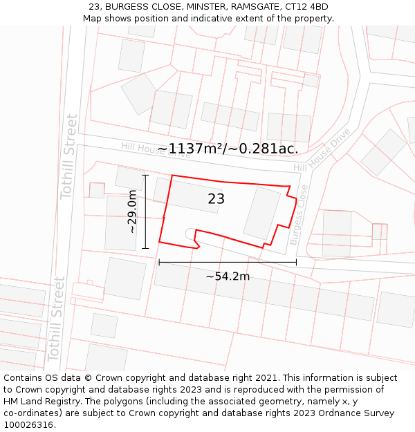 23, BURGESS CLOSE, MINSTER, RAMSGATE, CT12 4BD: Plot and title map