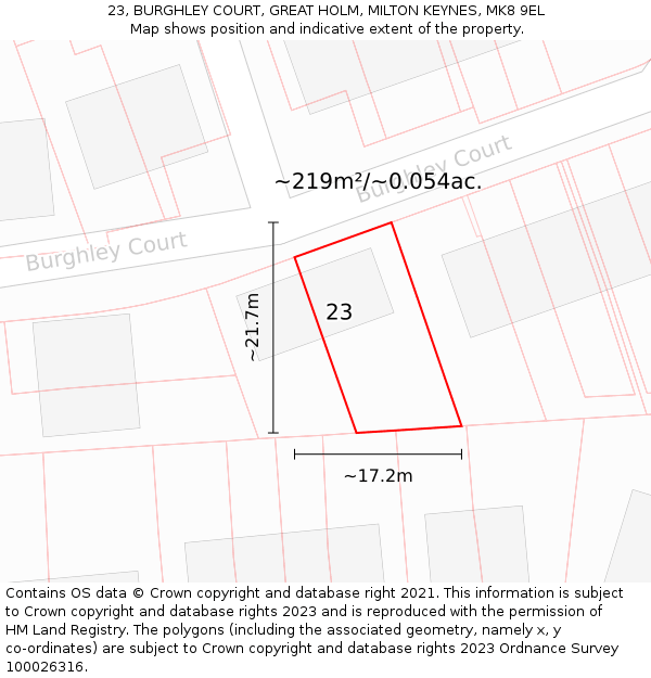 23, BURGHLEY COURT, GREAT HOLM, MILTON KEYNES, MK8 9EL: Plot and title map