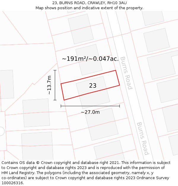 23, BURNS ROAD, CRAWLEY, RH10 3AU: Plot and title map