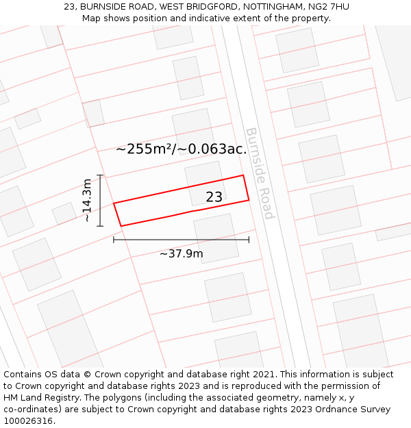 23, BURNSIDE ROAD, WEST BRIDGFORD, NOTTINGHAM, NG2 7HU: Plot and title map