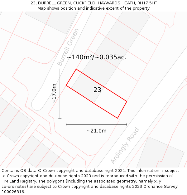 23, BURRELL GREEN, CUCKFIELD, HAYWARDS HEATH, RH17 5HT: Plot and title map