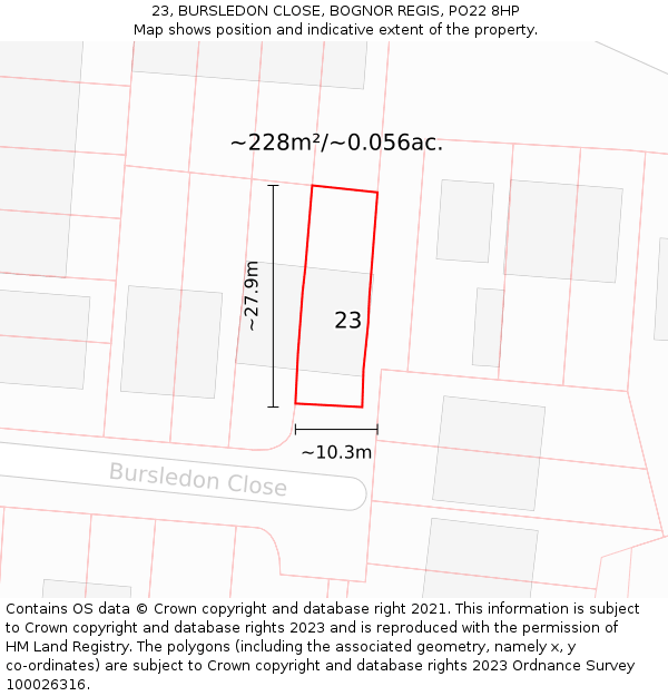 23, BURSLEDON CLOSE, BOGNOR REGIS, PO22 8HP: Plot and title map