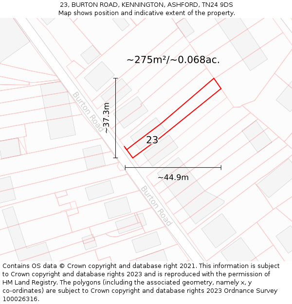 23, BURTON ROAD, KENNINGTON, ASHFORD, TN24 9DS: Plot and title map