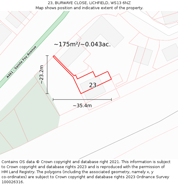 23, BURWAYE CLOSE, LICHFIELD, WS13 6NZ: Plot and title map