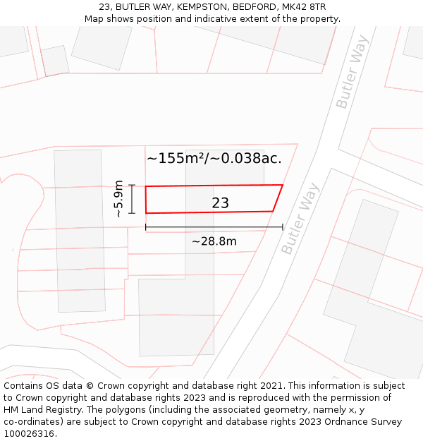 23, BUTLER WAY, KEMPSTON, BEDFORD, MK42 8TR: Plot and title map