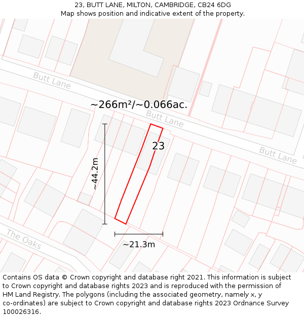 23, BUTT LANE, MILTON, CAMBRIDGE, CB24 6DG: Plot and title map