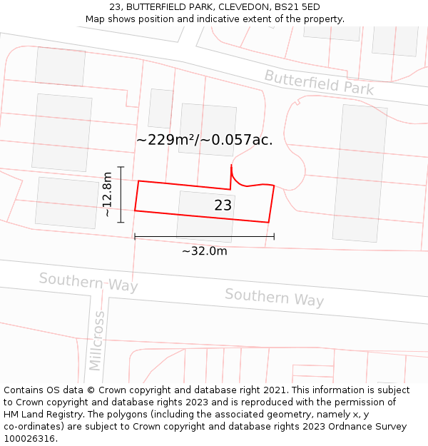 23, BUTTERFIELD PARK, CLEVEDON, BS21 5ED: Plot and title map