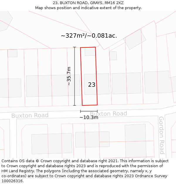 23, BUXTON ROAD, GRAYS, RM16 2XZ: Plot and title map