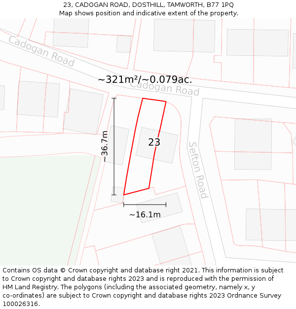 23, CADOGAN ROAD, DOSTHILL, TAMWORTH, B77 1PQ: Plot and title map