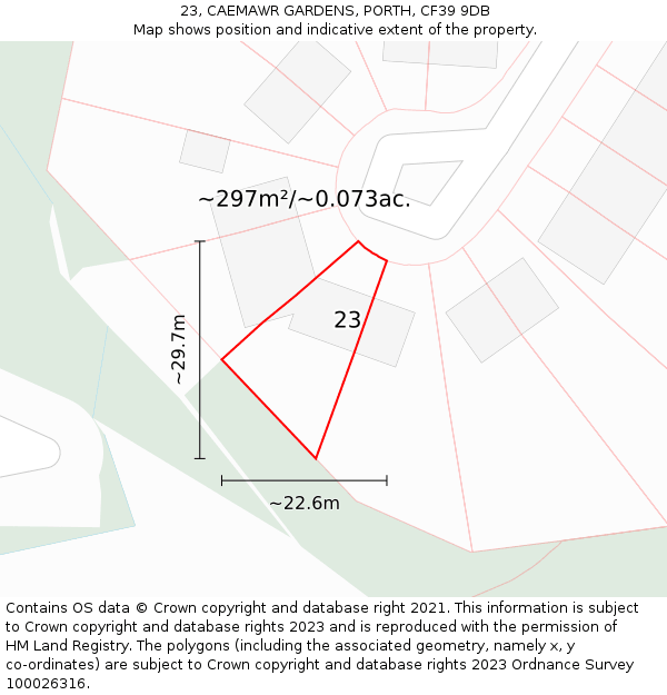 23, CAEMAWR GARDENS, PORTH, CF39 9DB: Plot and title map