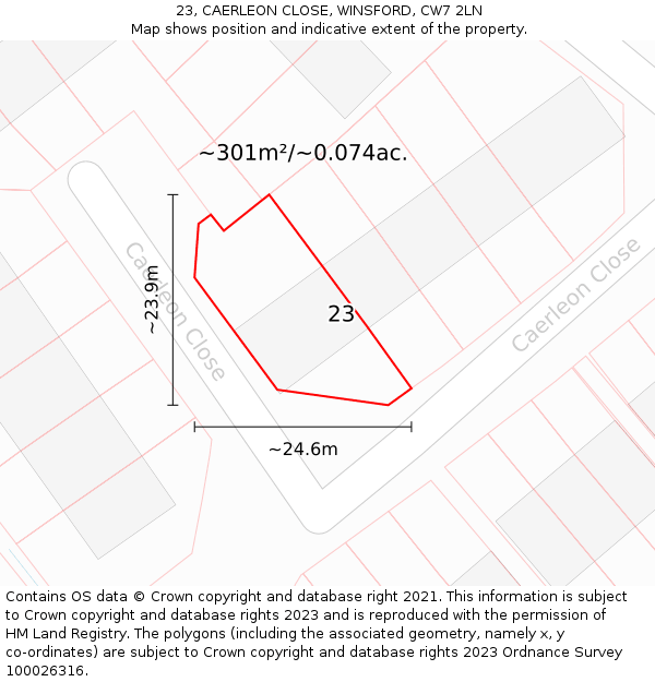 23, CAERLEON CLOSE, WINSFORD, CW7 2LN: Plot and title map