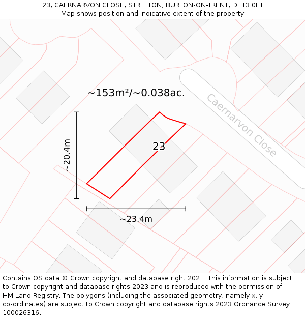 23, CAERNARVON CLOSE, STRETTON, BURTON-ON-TRENT, DE13 0ET: Plot and title map