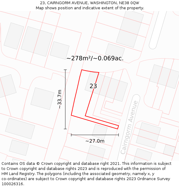 23, CAIRNGORM AVENUE, WASHINGTON, NE38 0QW: Plot and title map