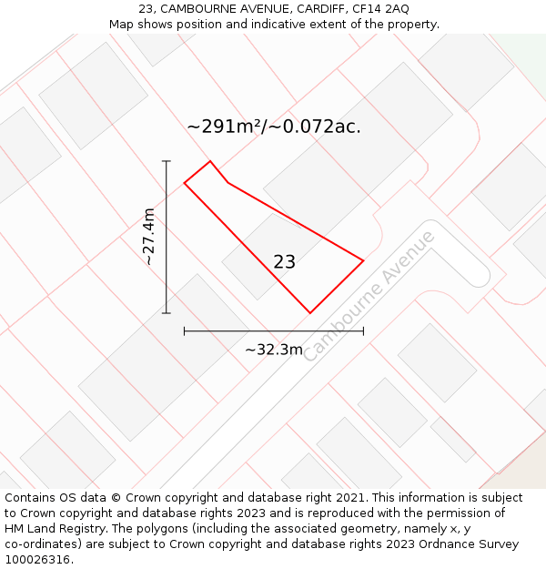 23, CAMBOURNE AVENUE, CARDIFF, CF14 2AQ: Plot and title map