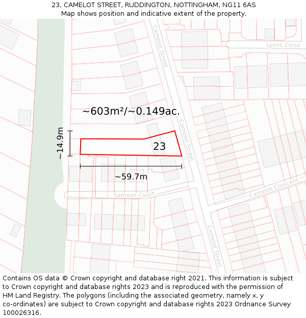 23, CAMELOT STREET, RUDDINGTON, NOTTINGHAM, NG11 6AS: Plot and title map