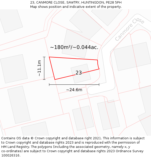 23, CANMORE CLOSE, SAWTRY, HUNTINGDON, PE28 5PH: Plot and title map