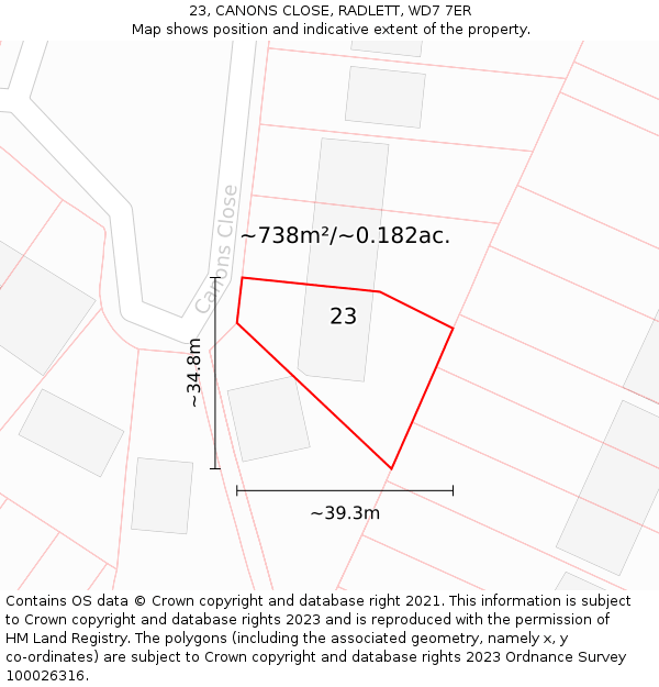 23, CANONS CLOSE, RADLETT, WD7 7ER: Plot and title map