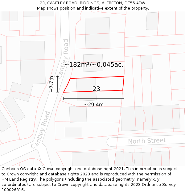 23, CANTLEY ROAD, RIDDINGS, ALFRETON, DE55 4DW: Plot and title map