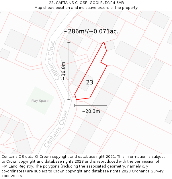 23, CAPTAINS CLOSE, GOOLE, DN14 6AB: Plot and title map