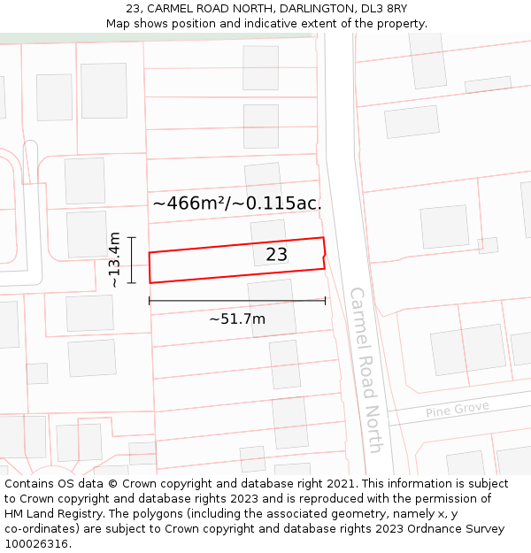 23, CARMEL ROAD NORTH, DARLINGTON, DL3 8RY: Plot and title map