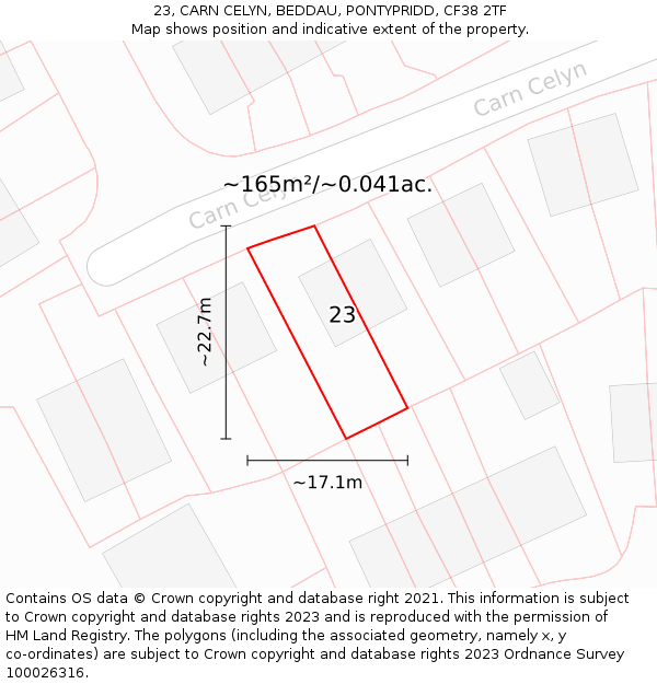 23, CARN CELYN, BEDDAU, PONTYPRIDD, CF38 2TF: Plot and title map