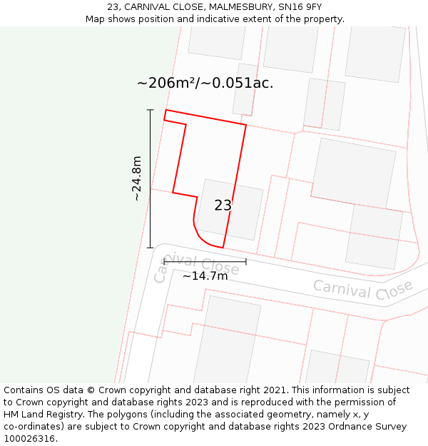 23, CARNIVAL CLOSE, MALMESBURY, SN16 9FY: Plot and title map