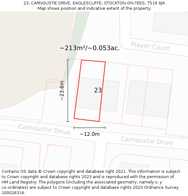 23, CARNOUSTIE DRIVE, EAGLESCLIFFE, STOCKTON-ON-TEES, TS16 9JA: Plot and title map