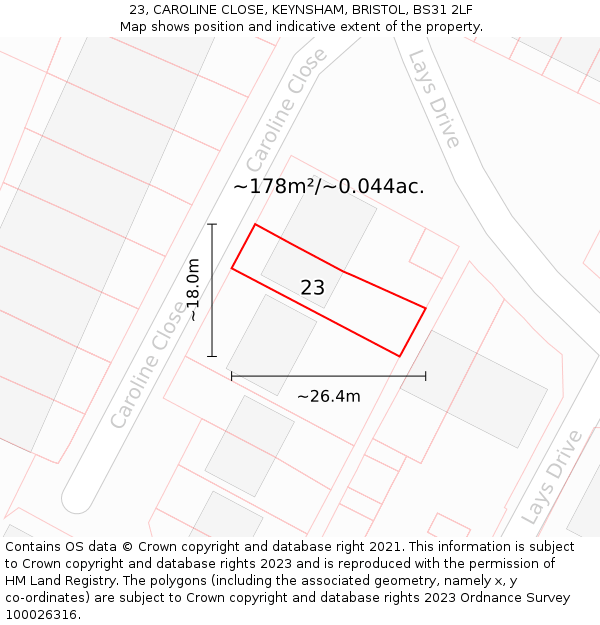 23, CAROLINE CLOSE, KEYNSHAM, BRISTOL, BS31 2LF: Plot and title map