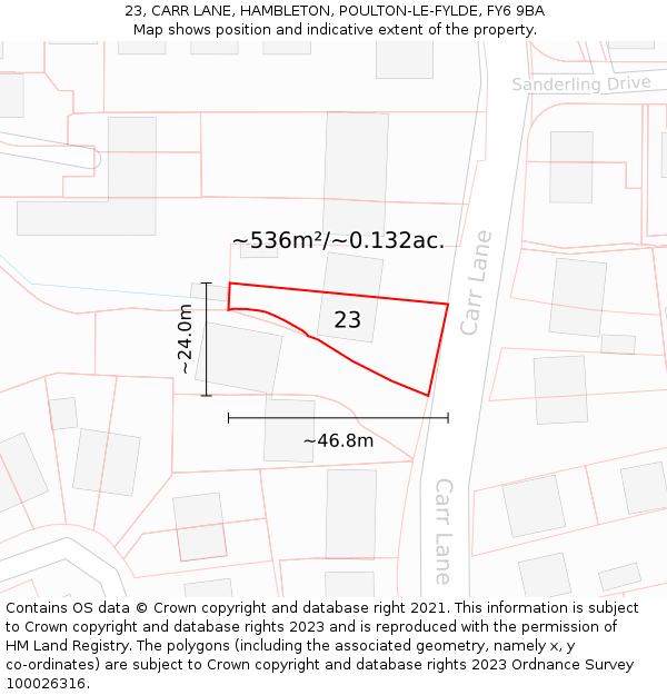 23, CARR LANE, HAMBLETON, POULTON-LE-FYLDE, FY6 9BA: Plot and title map