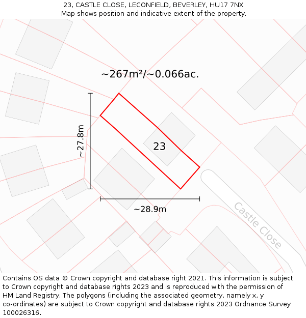 23, CASTLE CLOSE, LECONFIELD, BEVERLEY, HU17 7NX: Plot and title map