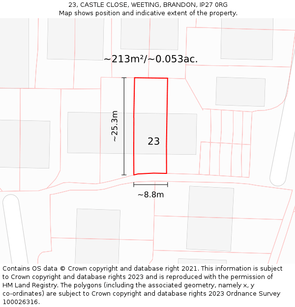 23, CASTLE CLOSE, WEETING, BRANDON, IP27 0RG: Plot and title map