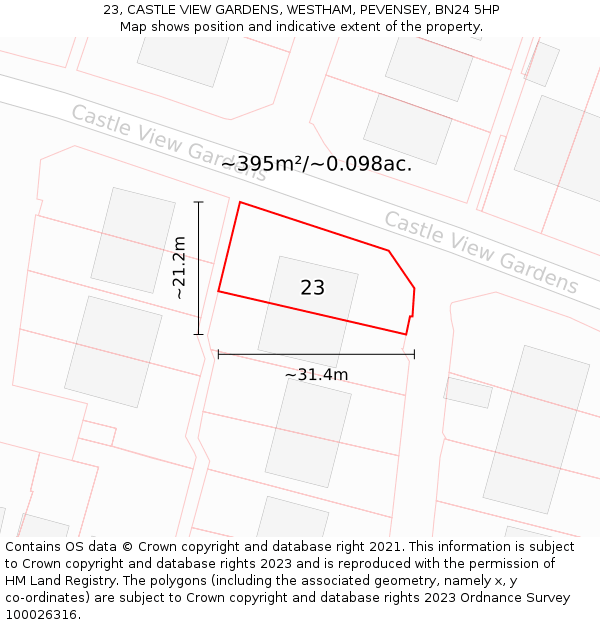 23, CASTLE VIEW GARDENS, WESTHAM, PEVENSEY, BN24 5HP: Plot and title map