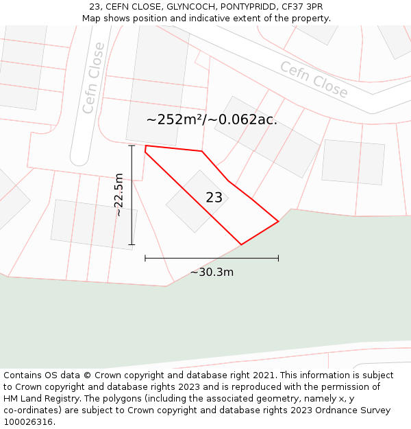 23, CEFN CLOSE, GLYNCOCH, PONTYPRIDD, CF37 3PR: Plot and title map