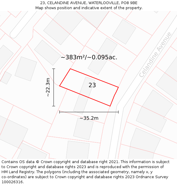 23, CELANDINE AVENUE, WATERLOOVILLE, PO8 9BE: Plot and title map