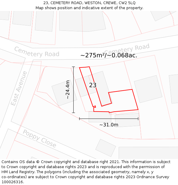 23, CEMETERY ROAD, WESTON, CREWE, CW2 5LQ: Plot and title map