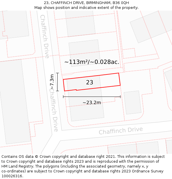 23, CHAFFINCH DRIVE, BIRMINGHAM, B36 0QH: Plot and title map